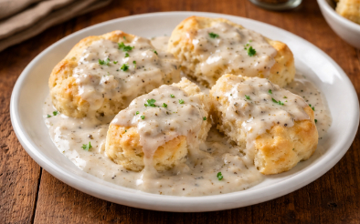 A plate of biscuits and gravy on a wood table.